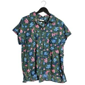 Style & Co Blue Floral Button Up Short Sleeve Shirt Women’s Large Cotton Top